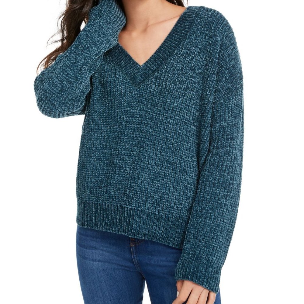Hippie Rose Dark Teal Chenille V-Neck Sweater - S NWT